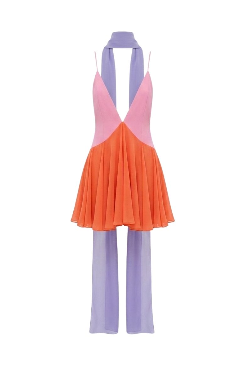 Sisters Kimberly mini dress in peachy pink, sleeveless with a fitted bodice and flared skirt, displayed on a hanger.