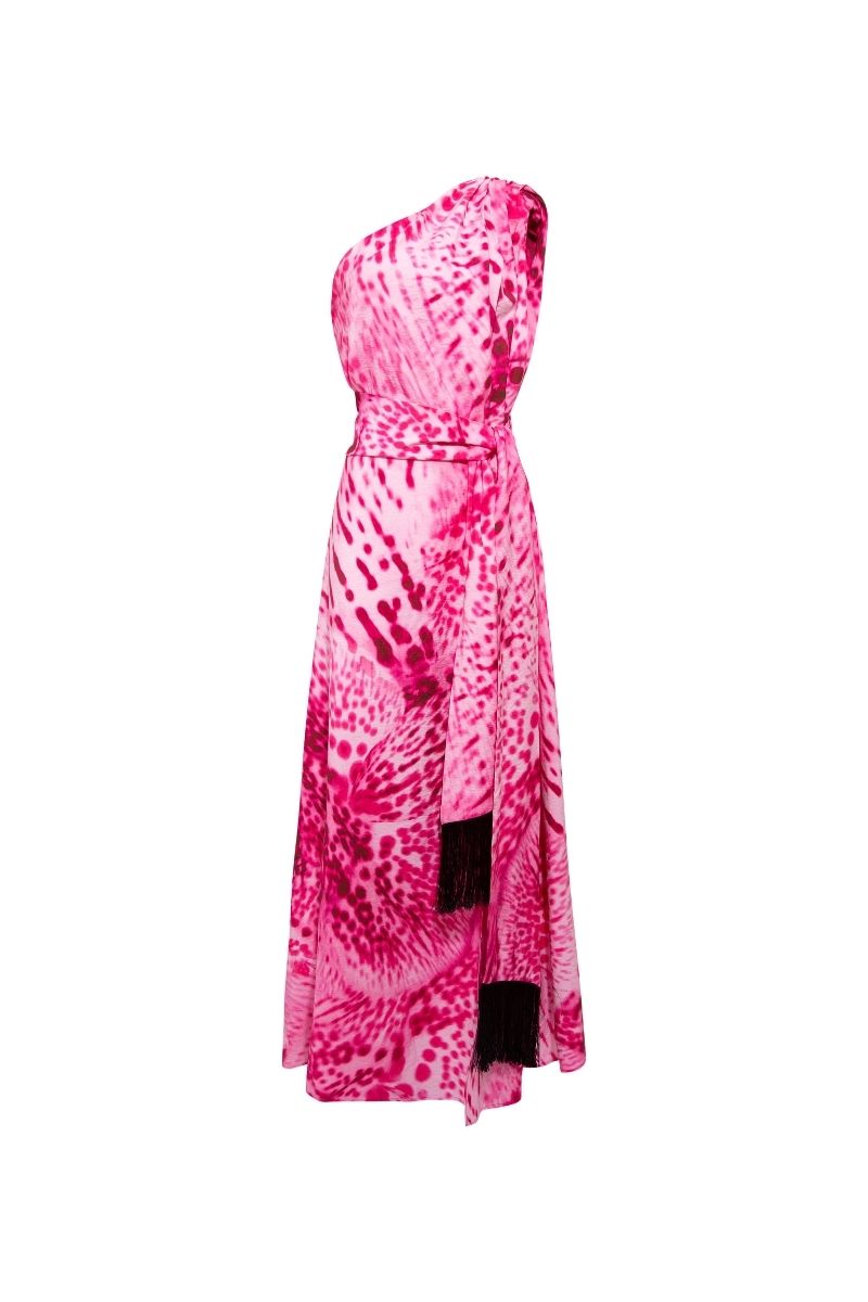 Sisters Amie Maxi Dress in Orchid Glow with flowing fabric and floral pattern, perfect for elegant summer occasions.