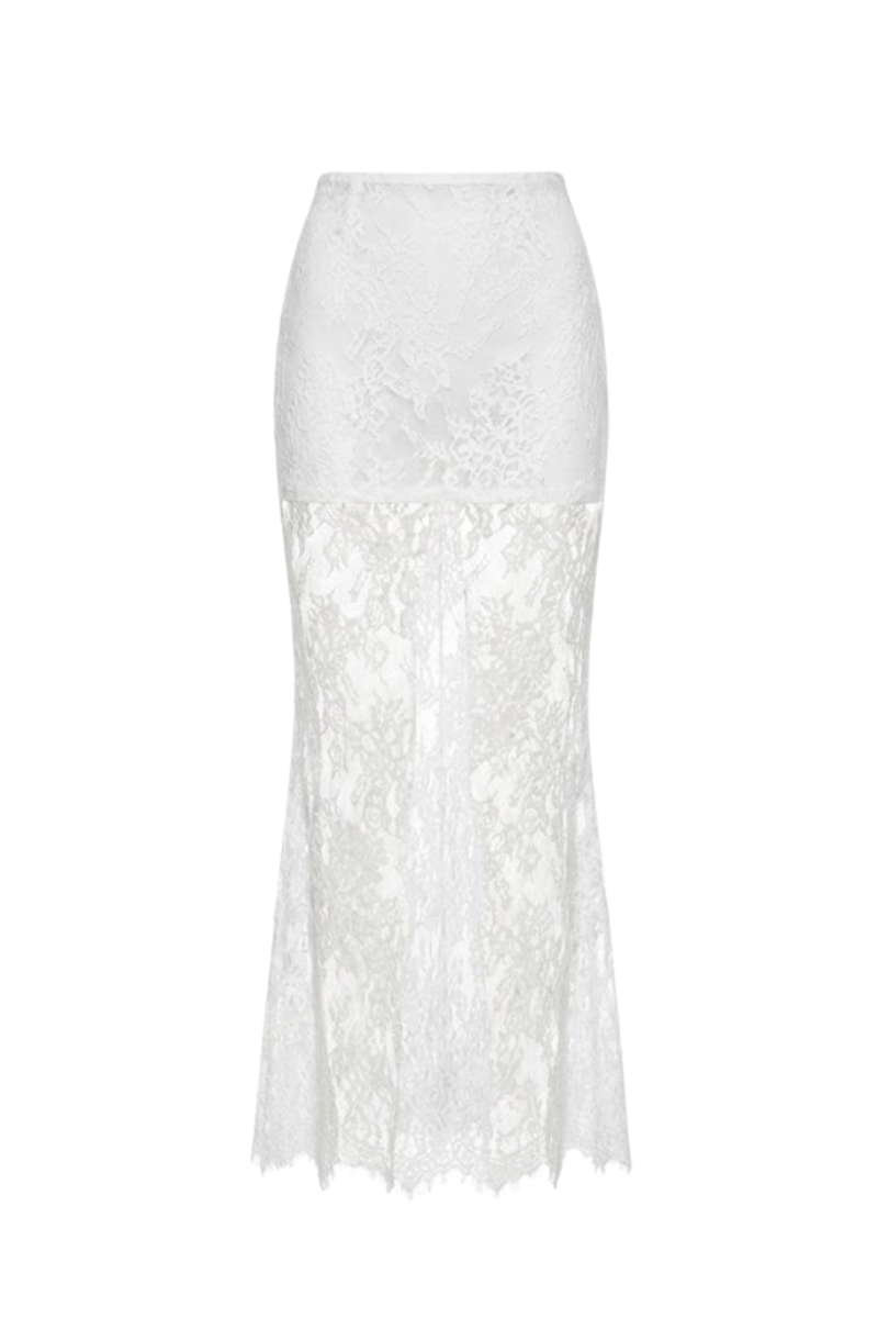 White Petal Sheer Maxi Skirt by Keira Tong featuring lightweight, flowing fabric and floral petal details for elegant summer style.