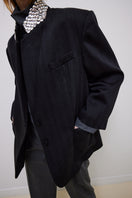 Gray oversized jacket with hand-embellished collar by TAGG, featuring unique decorative details and a relaxed fit.