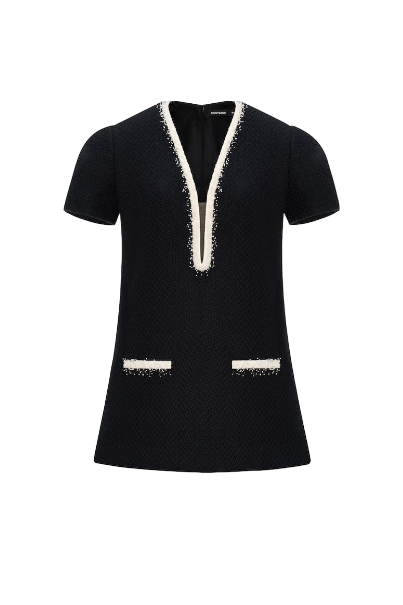 BLACK DEEP-V TWEED MINI DRESS