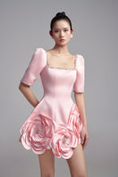 HAPPY CLOTHING 3D floral square neckline silk taffeta mini dress, vibrant floral pattern, fitted silhouette, and elegant design.