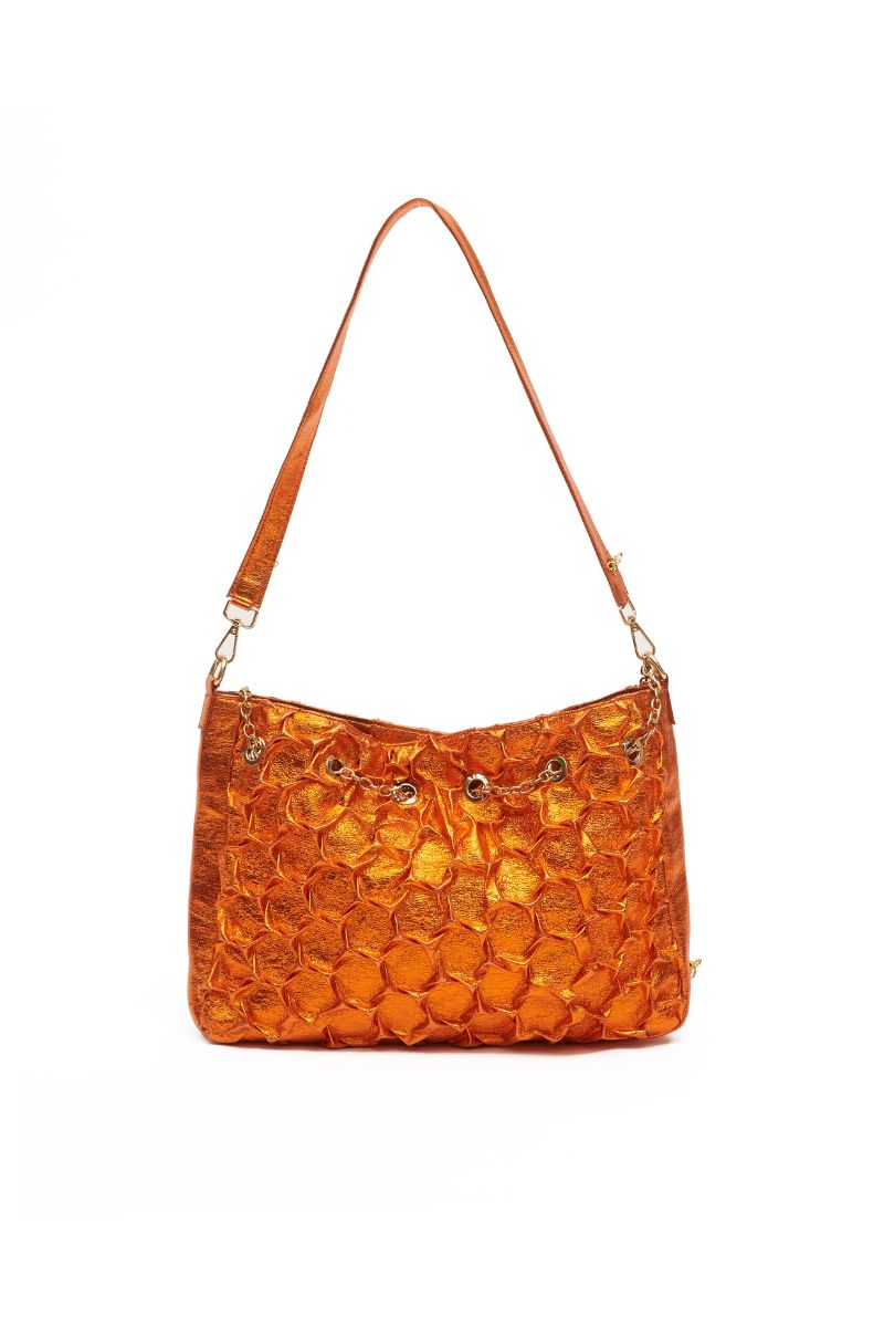 Medium orange Onalaja HEXAGON shoulder bag with geometric design, featuring a structured shape and adjustable strap.