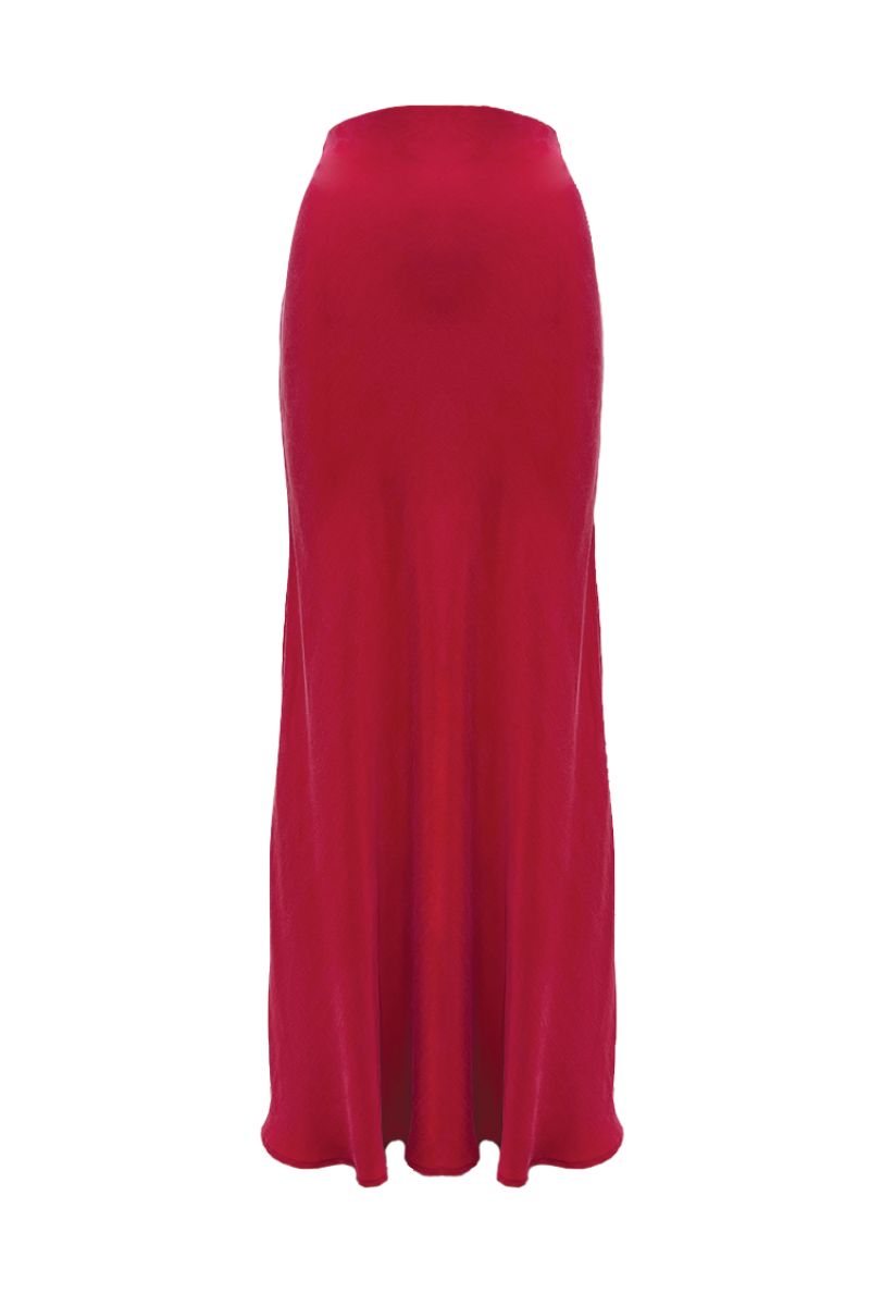 NiLuu Lucy slip skirt in rouge, a flowy maxi skirt with a smooth fabric finish, displayed on a hanger.