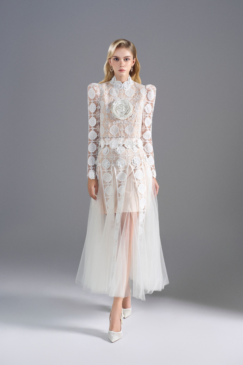 LONG SLEEVE SEMI SHEER LACE DRESS IN WHITE
