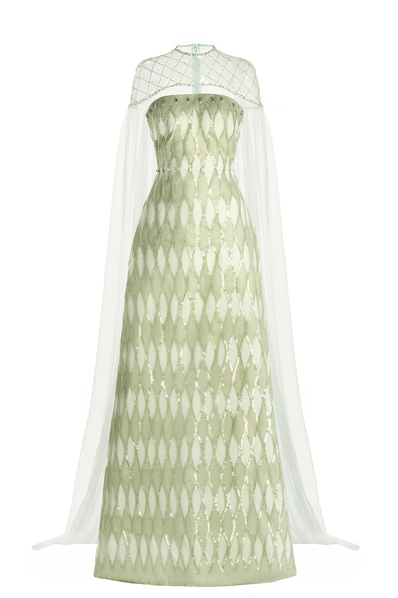 EMBELLISHED DUSTY MESH MAXI DRESS WITH CAPE