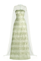 Elegant dusty mesh gown with embellishments and a matching cape by Happy Clothing, featuring intricate detailing and flowing fabric.