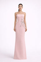 Nihan Peker pink gown with flowing fabric, elegant design, and detailed stitching, perfect for formal or special occasions.