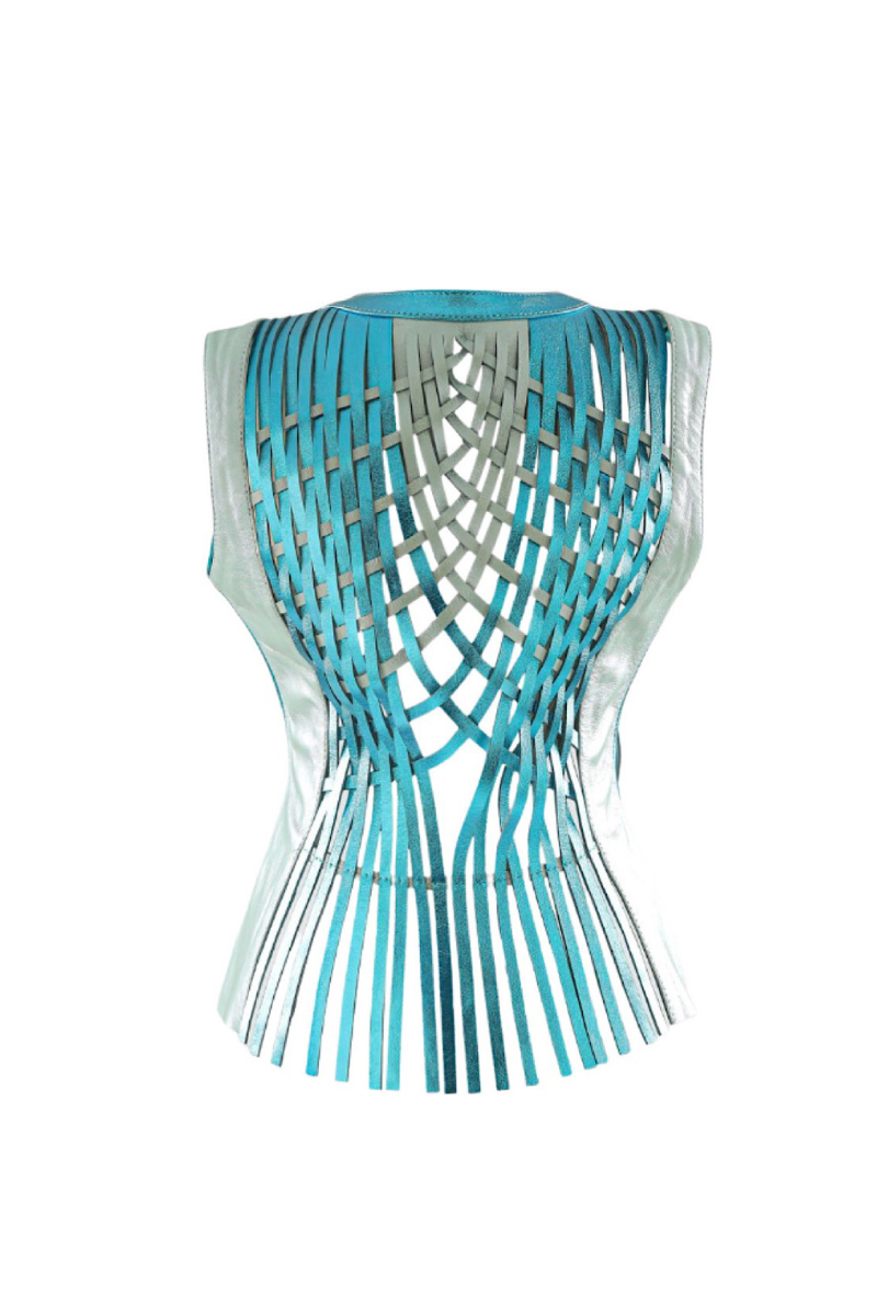 Double A Attalea leather vest in electric blue, showcasing its sleek design and vibrant color on a model.