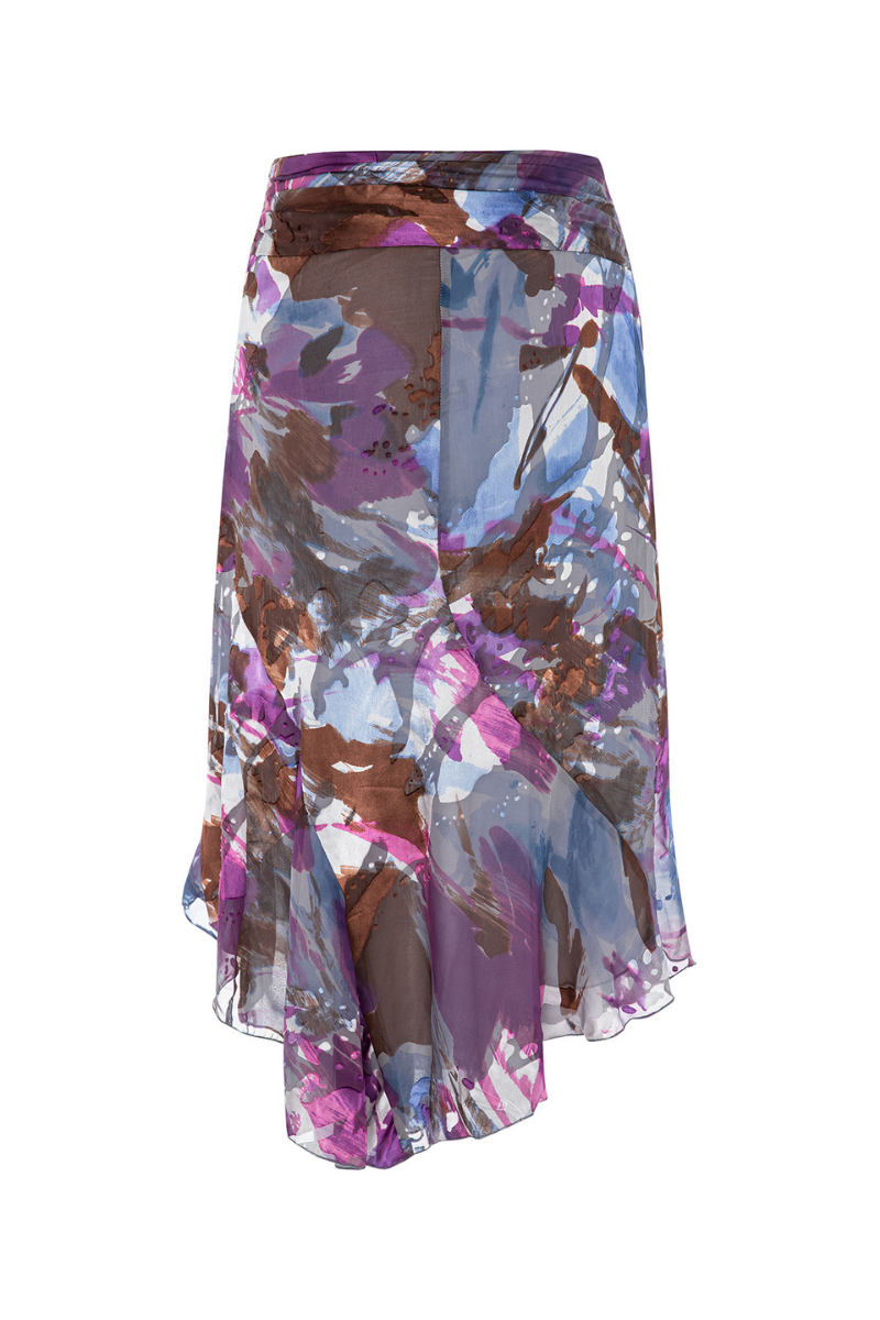 Suncillo Aura midi skirt in flowing fabric with a stylish design, shown in a full-length view on a neutral background.
