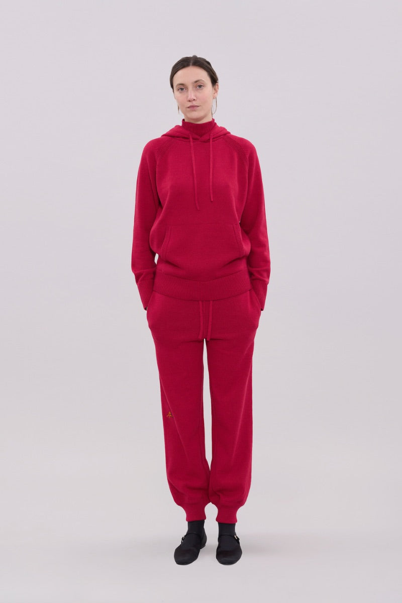 La Granni burgundy knitted roll neck hoodie sweater with a cozy, textured knit and relaxed fit.
