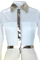 Metallic shirt dress by AKHL, maxi-length with shiny, reflective fabric, featuring a button-up front and collar details.