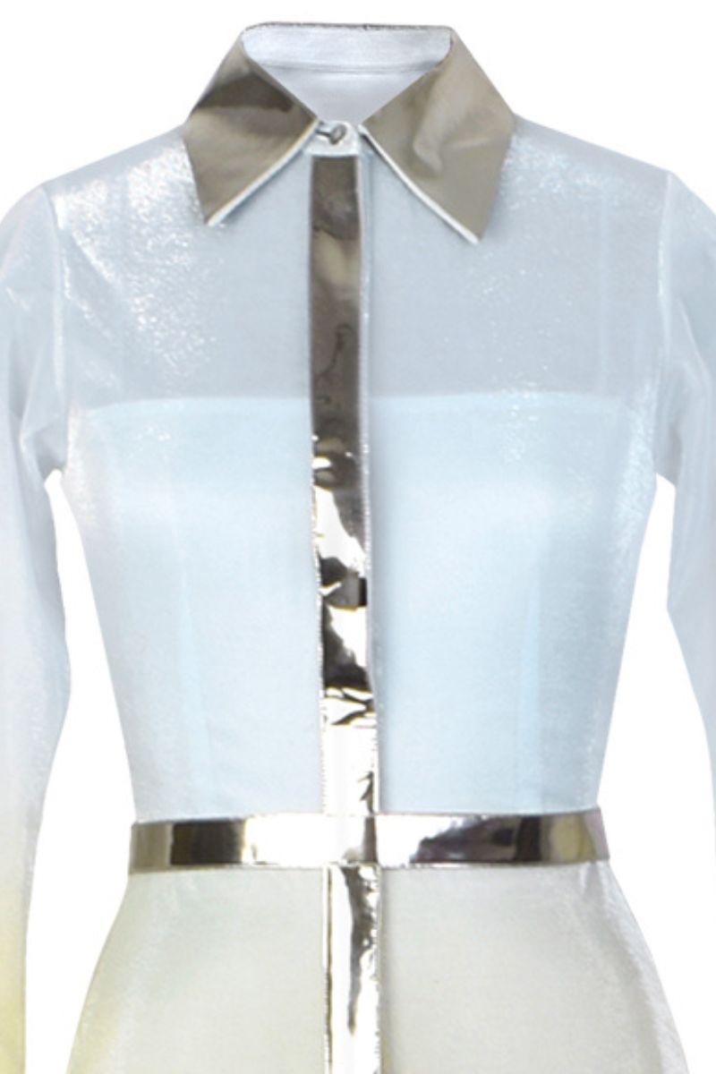 Metallic shirt dress by AKHL, maxi-length with shiny, reflective fabric, featuring a button-up front and collar details.