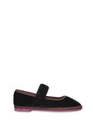 Flabelus Mafalda Sethe velvet black flats with brown piping, showcasing elegant slip-on shoes with a sleek design.