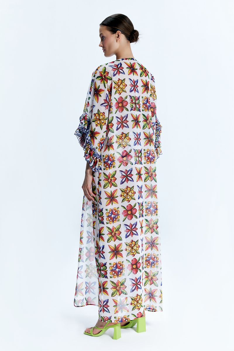Nur Karaata JOALI SICILIA pareo dress cover-up with flowing fabric and vibrant print, perfect for beach or poolside wear.
