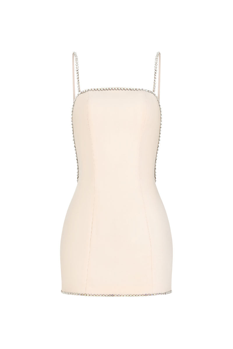 CEM crystal strap mini dress featuring shimmering embellishments and a fitted silhouette, perfect for evening wear.