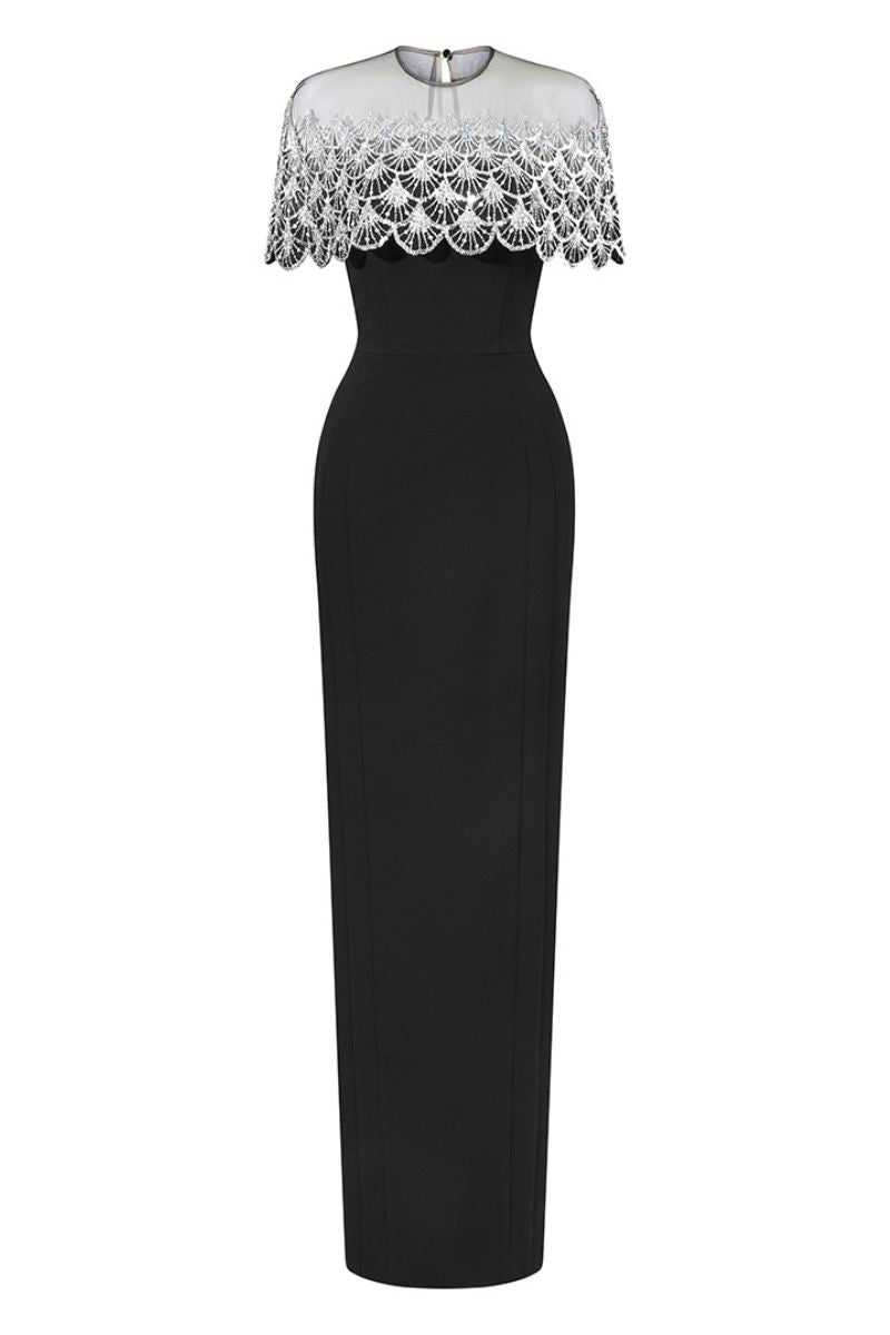 KRISTOFF BLACK BATEAU NECK GOWN WITH BEADED MINI CAPE - CULT MIA