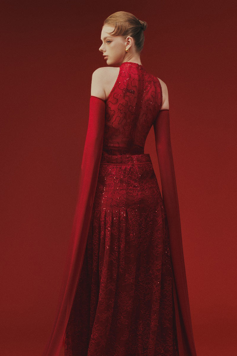 Elegant lace maxi dress by Margée Atelier featuring intricate lace details and a flowing silhouette.