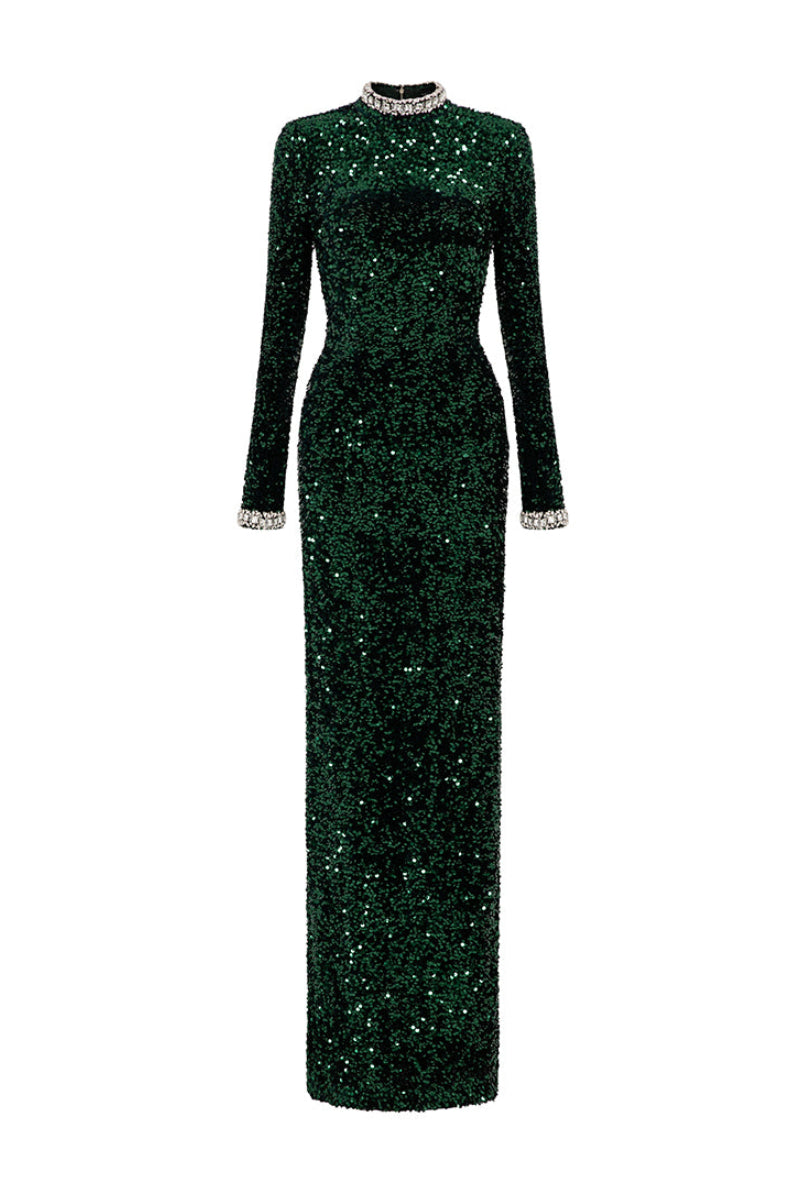 Green Valenciani sequin bodycon maxi gown with fitted silhouette and elegant design, perfect for formal occasions.