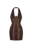 Le Thanh Hoa glimmering mini dress featuring a fitted silhouette and shimmering fabric, perfect for stylish evening wear.