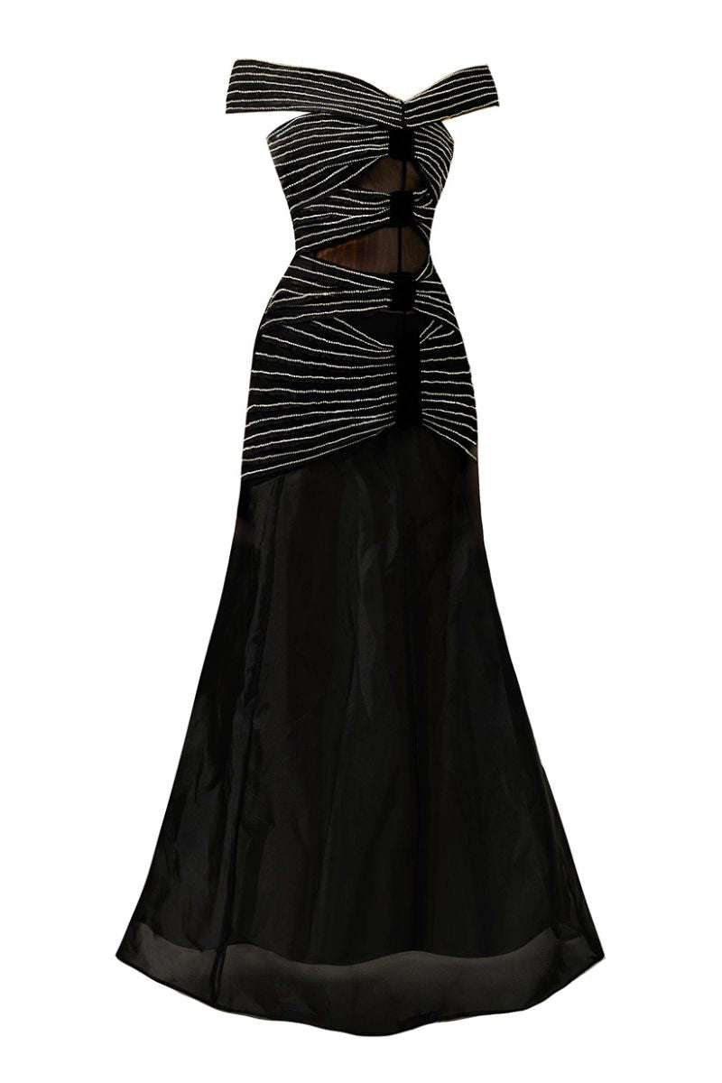BLACK OFF-SHOULDER FLOOR LENGTH GOWN - CULT MIA