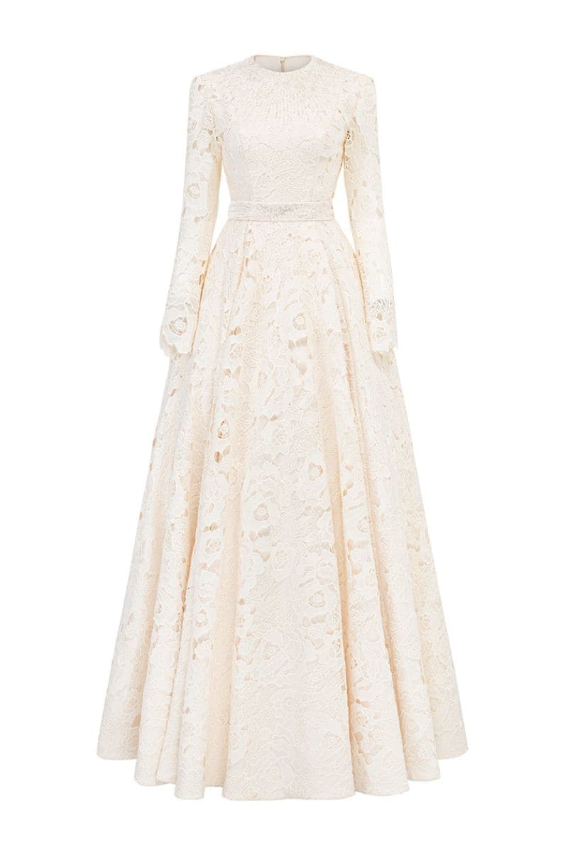 ROUND NECKLINE SEMI-CIRCULAR GOWN WITH REMOVABLE BELT - CULT MIA
