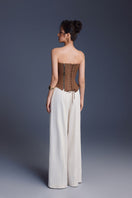 Keira Tong brown bouquet corset top featuring floral print and fitted design, displayed on a mannequin.