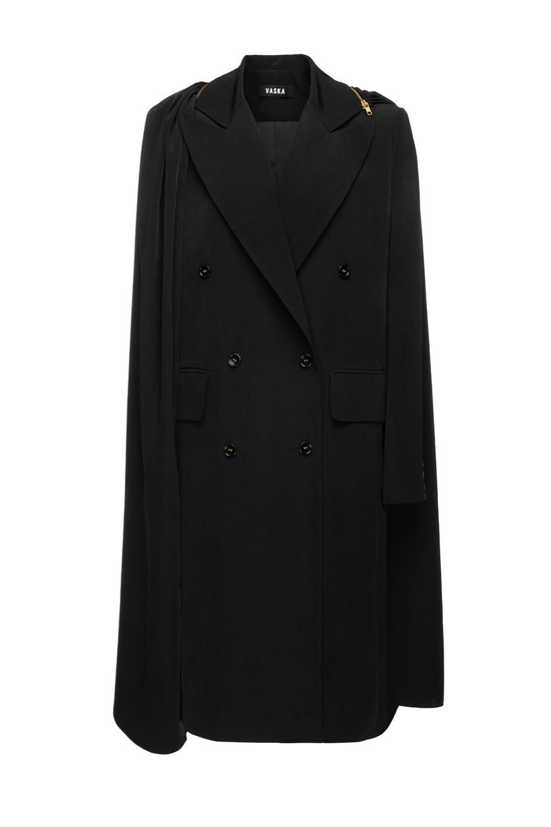 Black Vaska long coat with zip-on detachable scarf, stylish and warm outerwear, shown on a model.