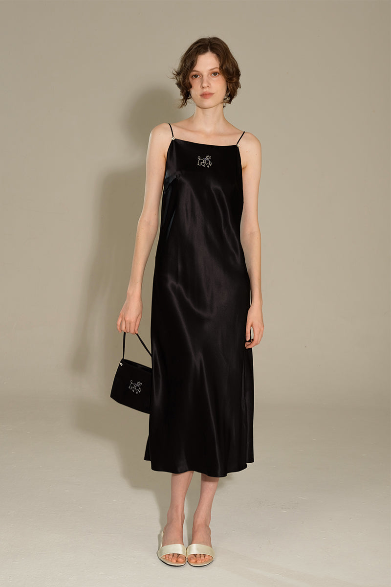 DIAMOND POODLES BLACK SILK SLIP DRESS - CULT MIA