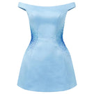 Light blue Yvaine silk taffeta mini dress by 21Six, featuring a fitted bodice and flared skirt, displayed on a hanger.
