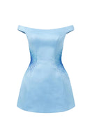 Light blue Yvaine silk taffeta mini dress by 21Six, featuring a fitted bodice and flared skirt, displayed on a hanger.