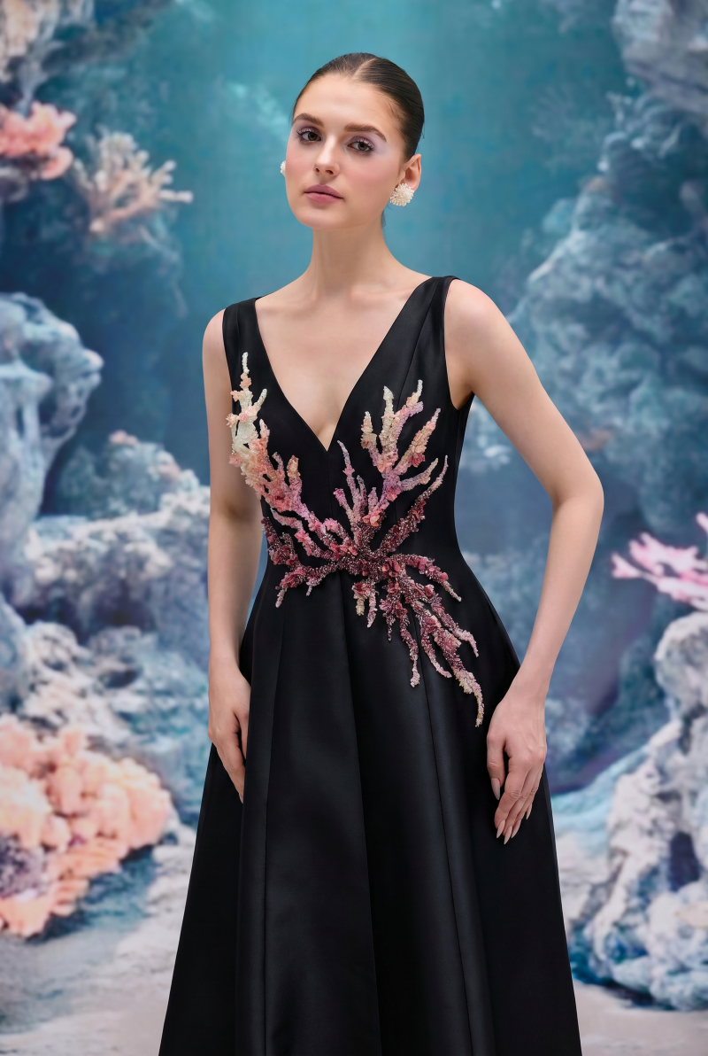 Black Evelina Royal Taffeta gown by 21Six, featuring a flowing design and elegant fabric, perfect for formal occasions.