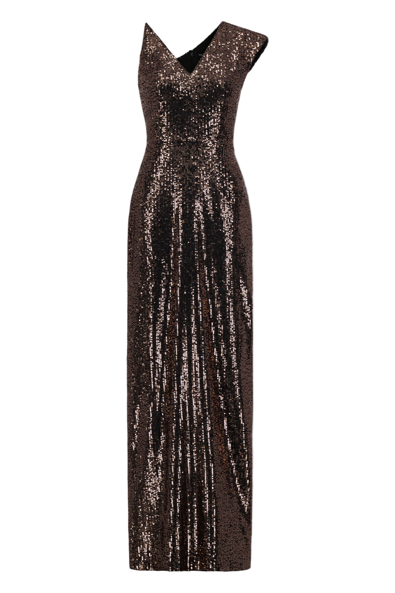 ASYMMETRIC SEQUIN GOWN IN BROWN - CULT MIA
