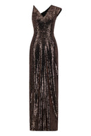 Brown asymmetric sequin gown by Lili Blanc featuring a stylish, elegant design with shimmering sequins and a modern silhouette.