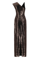 Brown asymmetrical sequin gown by Lili Blanc featuring shimmering sequins and a stylish, modern silhouette.