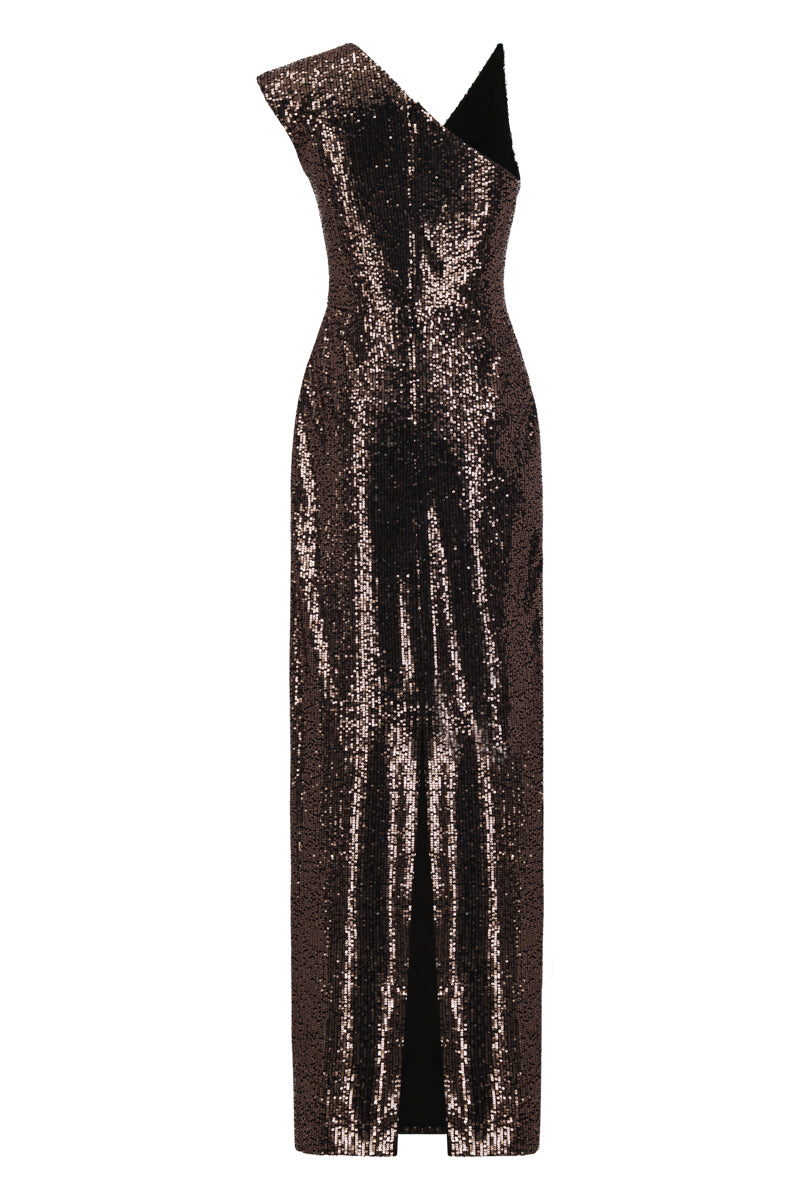 Brown asymmetrical sequin gown by Lili Blanc featuring shimmering sequins and a stylish, modern silhouette.