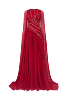 Elegant KERENZA crepe mixed chiffon pleated gown by 21Six, featuring flowing fabric and sophisticated design.