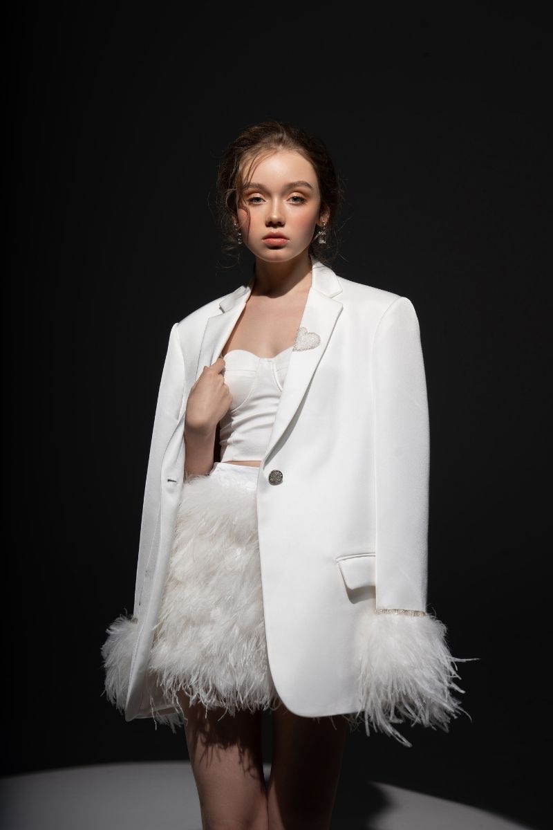 White Kiera taffeta feather blazer set from 21Six, featuring a stylish co-ord with feather details and tailored fit.