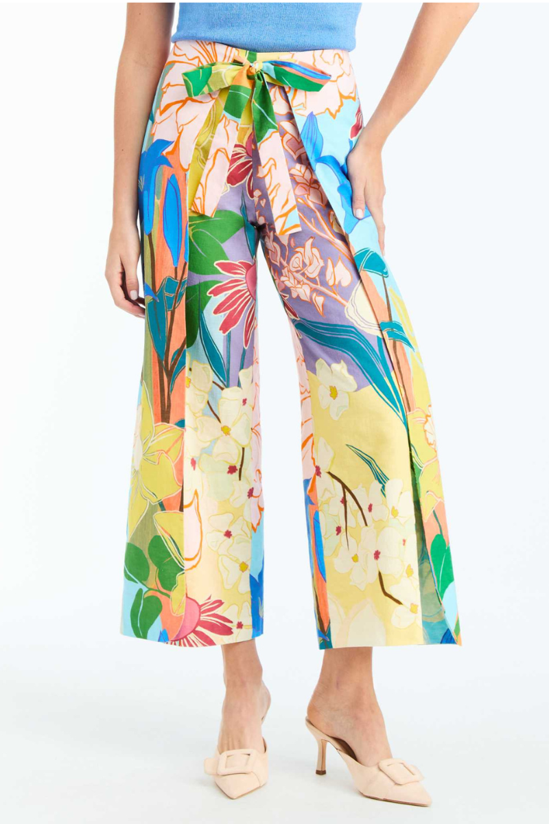 Mestiza New York Chloe wrap pants in primrose florals with a relaxed fit and tie waist, featuring a vibrant floral print.