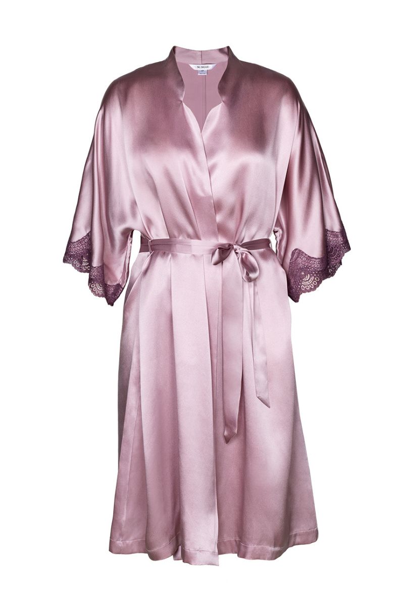 NK IMODE Raquel feminine midi silk kimono robe in mauve, showing soft fabric, elegant design, and relaxed fit.