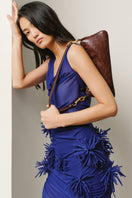 Lecia draped pom-pom sheer maxi dress featuring flowing fabric and playful pom-pom details, perfect for elegant summer occasions.