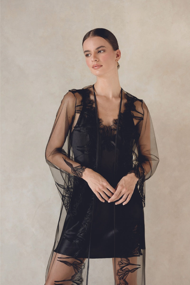 Black Alice robe by Entos, featuring a flowing, elegant design with long sleeves and a relaxed fit, ideal for lounging or sleep.