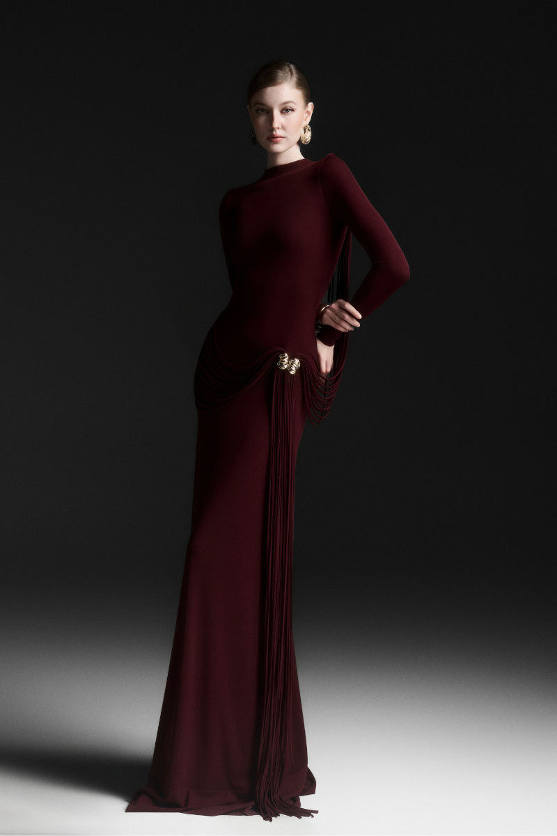 Red Maison Des Copains corvina draped floor-length maxi dress with elegant flowing fabric and stylish design.