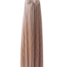 Elegant champagne-colored pleated bustier column maxi dress by DOC BAN, featuring a fitted bodice and flowing skirt.