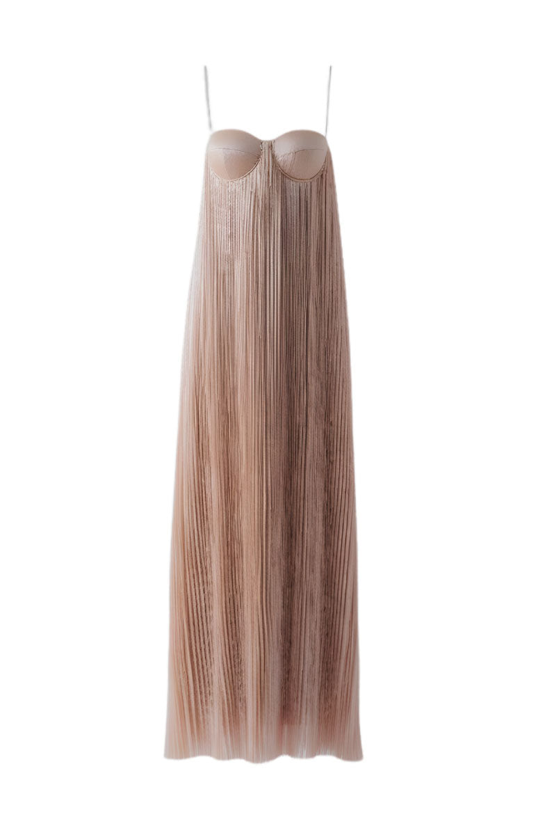 Doc Ban champagne pleated bustier column maxi dress featuring a fitted bodice and flowing skirt, elegant evening wear style.