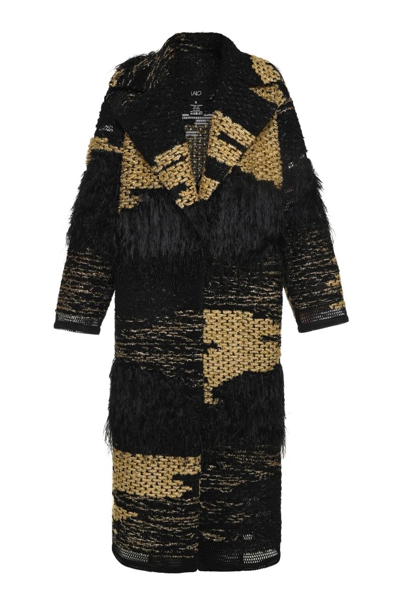 Lalo oversized black coat with gold accents, stylish and warm outerwear, shown on a model.