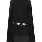 CEM Cape mini dress with a gold belt, featuring a stylish sleeveless design and vibrant fabric for a chic look.