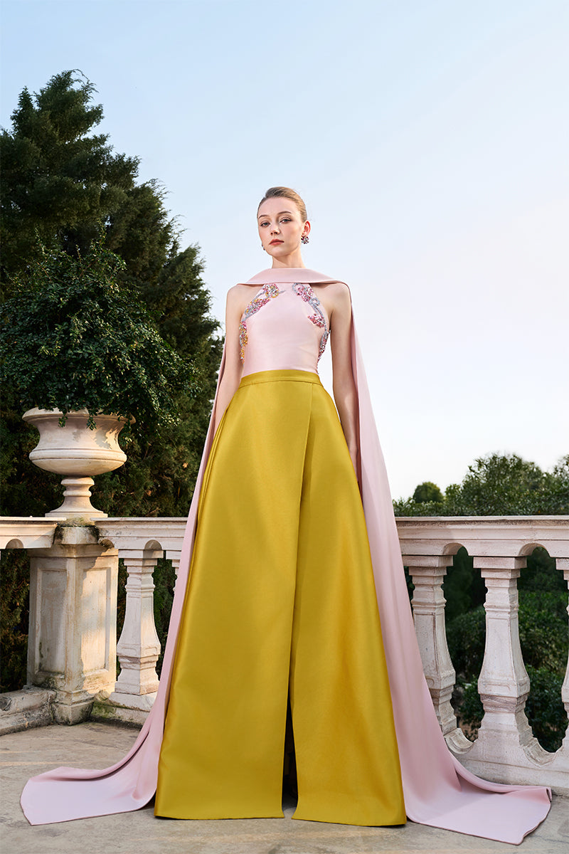 فستان من قماش التفتا الخيزراني باللونين الوردي والأصفر