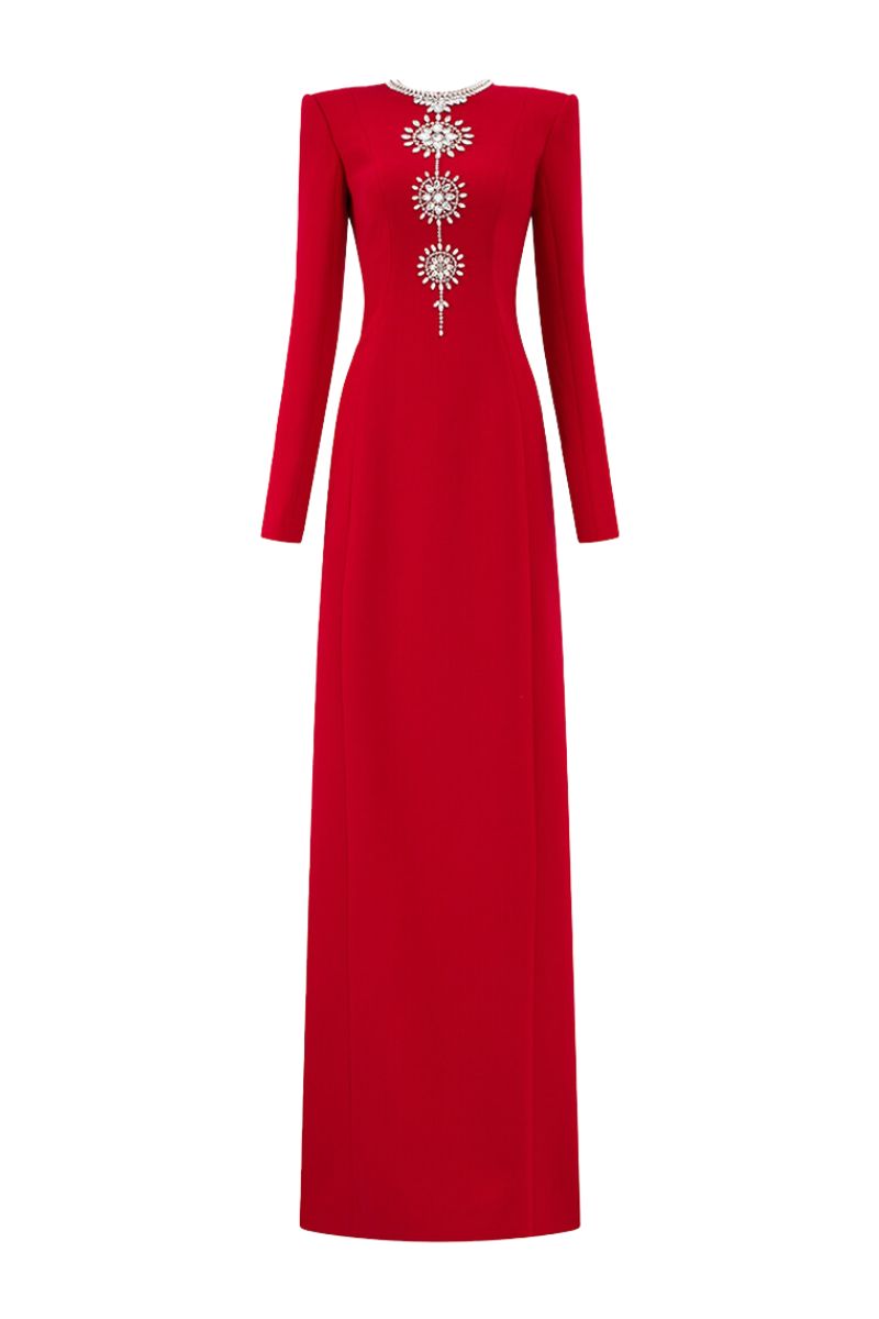 RED OPEN BACK FLOOR LENGTH GOWN - CULT MIA