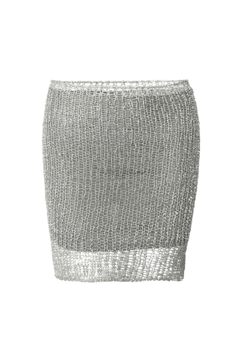 Silver Midas Mini Skirt with Slip by Natalia Fedner, featuring a shiny metallic finish and sleek, fitted silhouette.